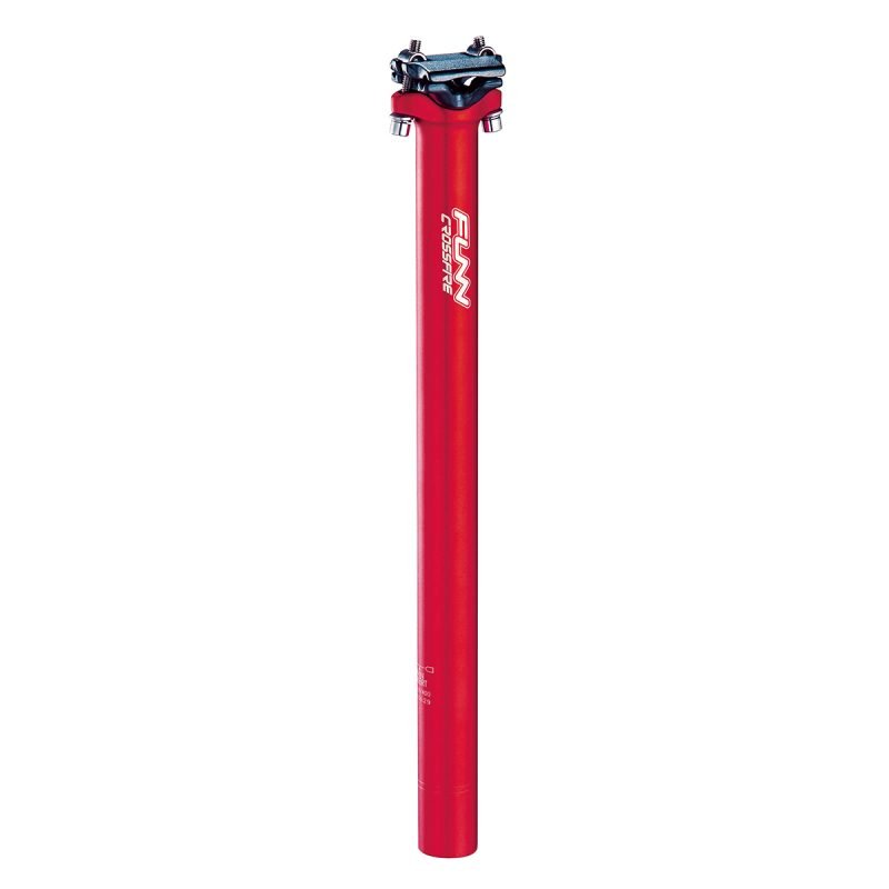 a red Crossfire bicycle Seatpost on a white background.