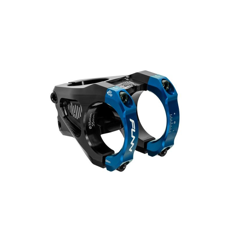 a blue Equalizer bike drop stem with 35mm bar clamp size and 35mm length.