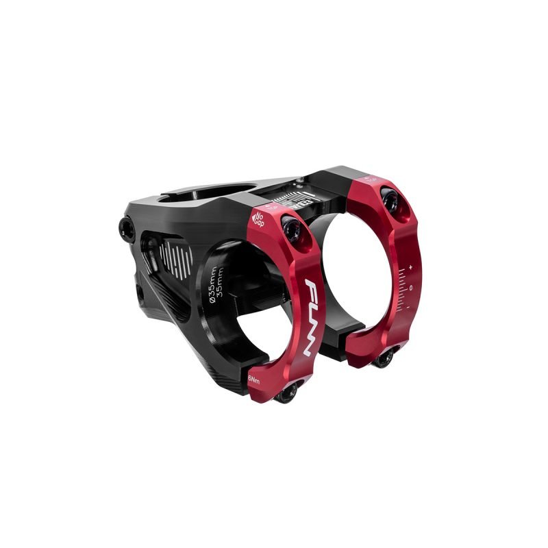 a red Equalizer bike drop stem with 35mm bar clamp size and 35mm length.