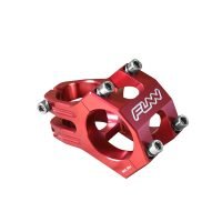 a red funnduro bicycle stem with 35mm bar clamp size and 35mm length.