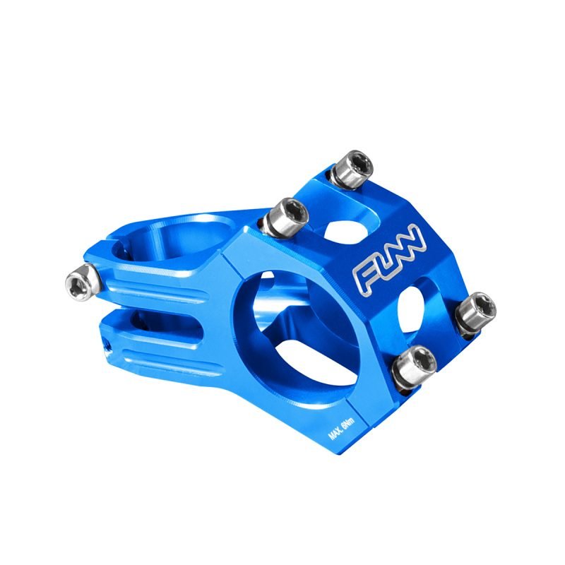 a blue funnduro bicycle stem with 35mm bar clamp size and 45mm length.