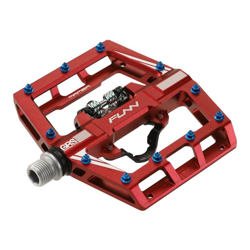 a red Mamba single sided clipless pedal on a white background.