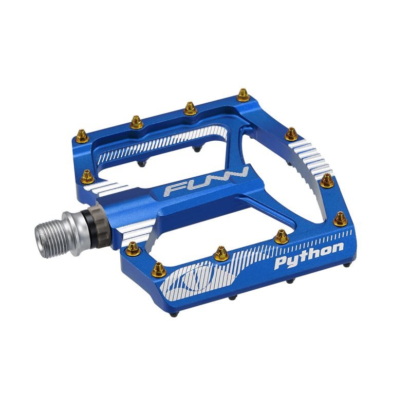 a blue Python flat bike pedals on a white background.