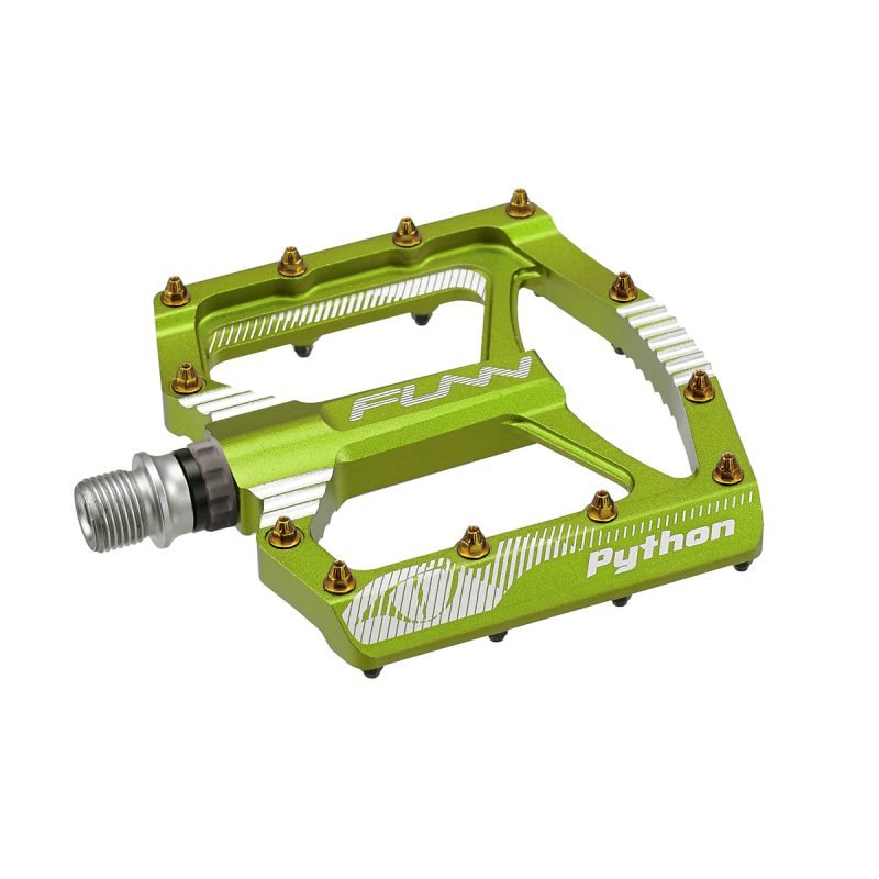 a green Python flat bike pedals on a white background.