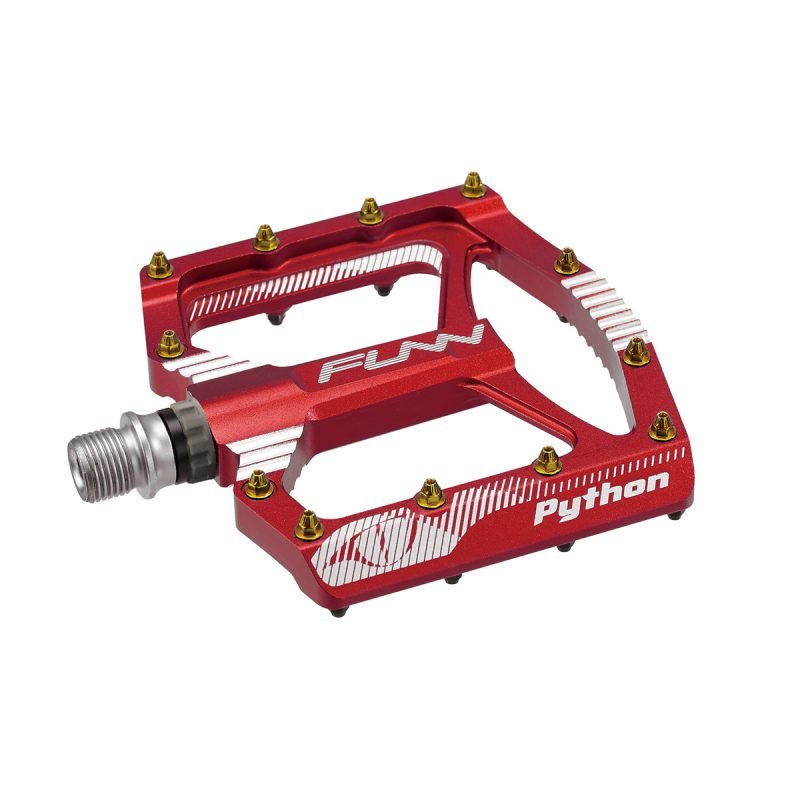a red Python flat bike pedals on a white background.