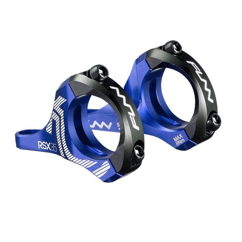 a pair of blue RSX bicycle direct mount stems with 35mm bar clamp size and 20mm rise.