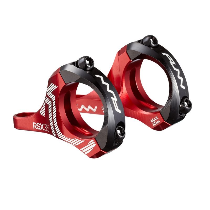 a pair of red RSX bicycle direct mount stems with 35mm bar clamp size and 20mm rise.