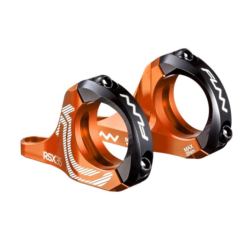 a pair of orange RSX bicycle stems with 35mm bar clamp size and 30mm rise.