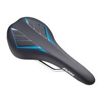 a black and blue Skinny bicycle saddle on a white background.