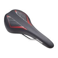 a black and red Skinny bicycle saddle on a white background.