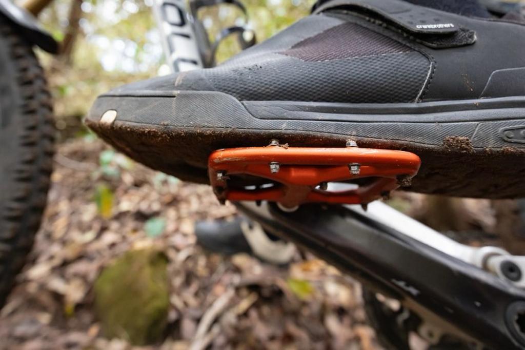 A close up of a person's foot on a mountain bike.