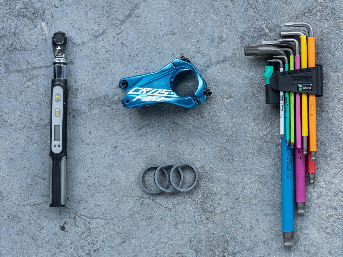 A set of tools for installing and replacing a bike stem.